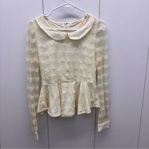 Comme Toi Cream Lace Peplum Blouse Peter Pan Collar Romantic Top Womens Small
